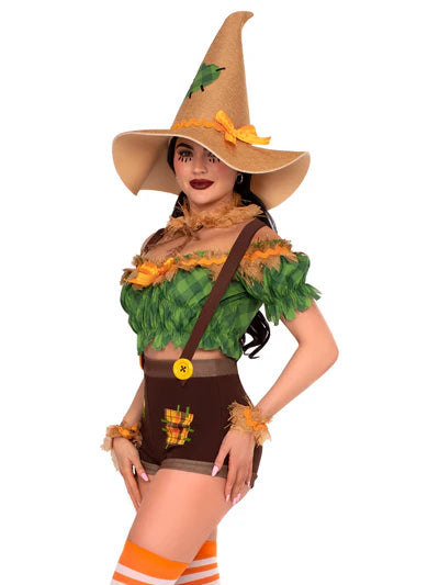 Full view of the Scarecrow Sweetie Costume displayed on a mannequin, highlighting the sexy scarecrow outfit&