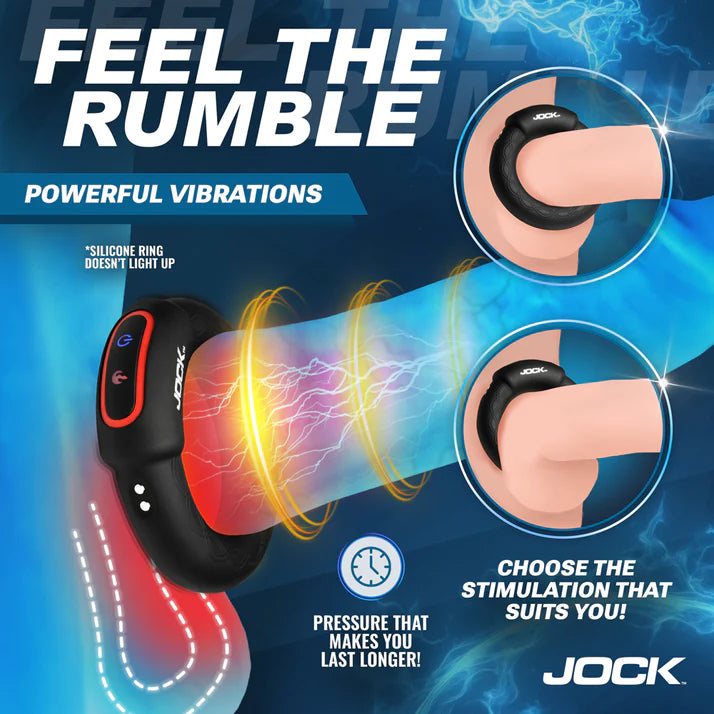 JOCK Rumbler 1.8 in. Vibrating & Warming C-Ring in a waterproof setting, showcasing its versatility for solo or partner play.