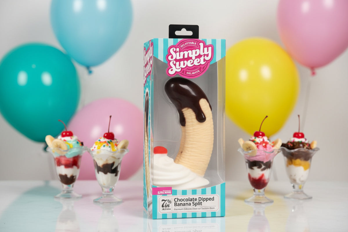Chocolate dipped banana split toy in packaging with &
