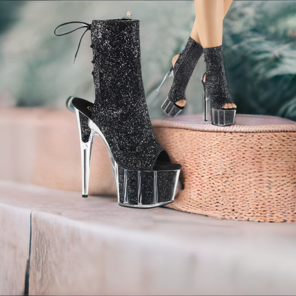 Adore Glitter Ankle Boots - 7" Heel, Open Toe, Lace-Up, Hidden Zip Pocket for Unique Style - SP BOUTIQUE