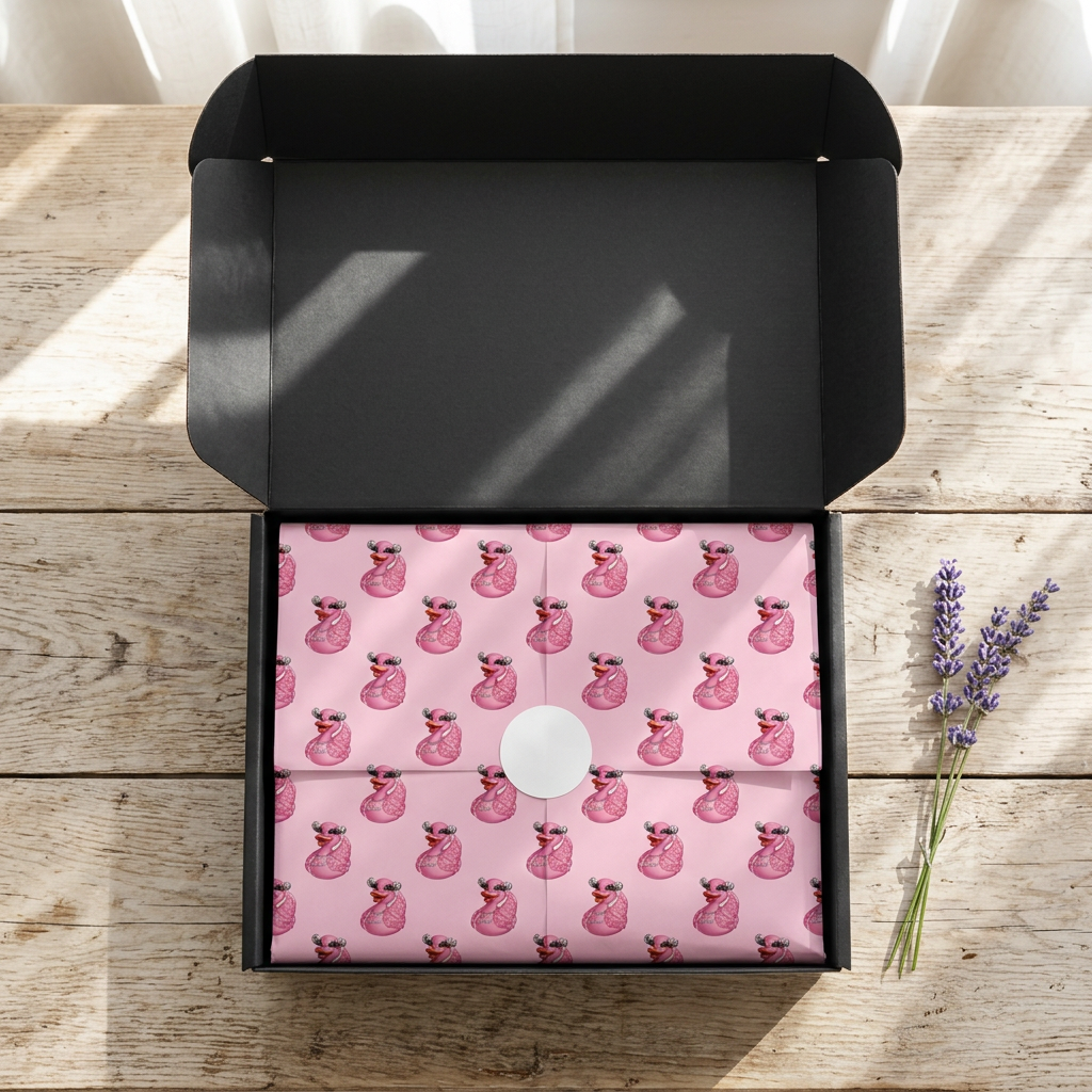 Open black SP Boutique gift box with pink tissue paper printed with cartoon ducks wearing sunglasses, folded and sealed with a round white sticker