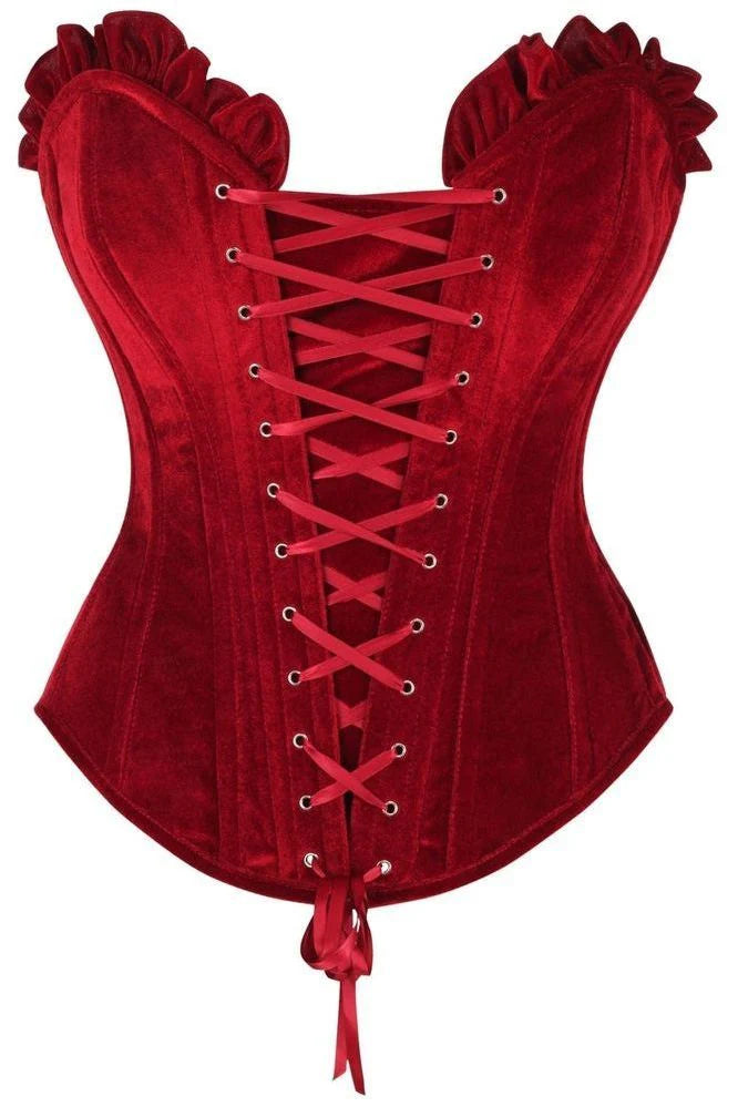 Top Drawer Dark Red Velvet Lace-Up Steel Boned Overbust Corset showcasing its luxurious velvet texture and elegant sweetheart neckline.