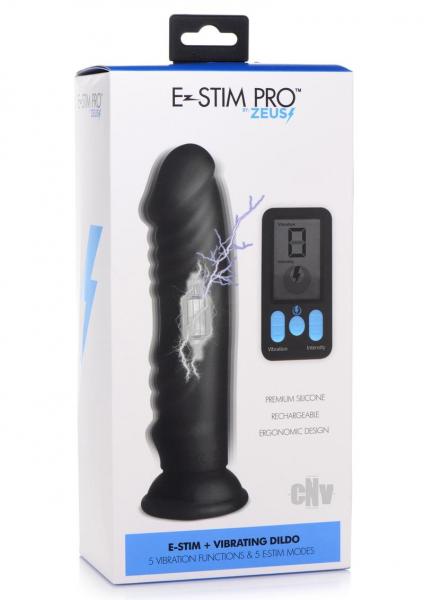 Zeus E-Stim Silicone Dildo With Remote - Vibrating & Electric Shock, 3 Intensity Levels, Black - SP BOUTIQUE
