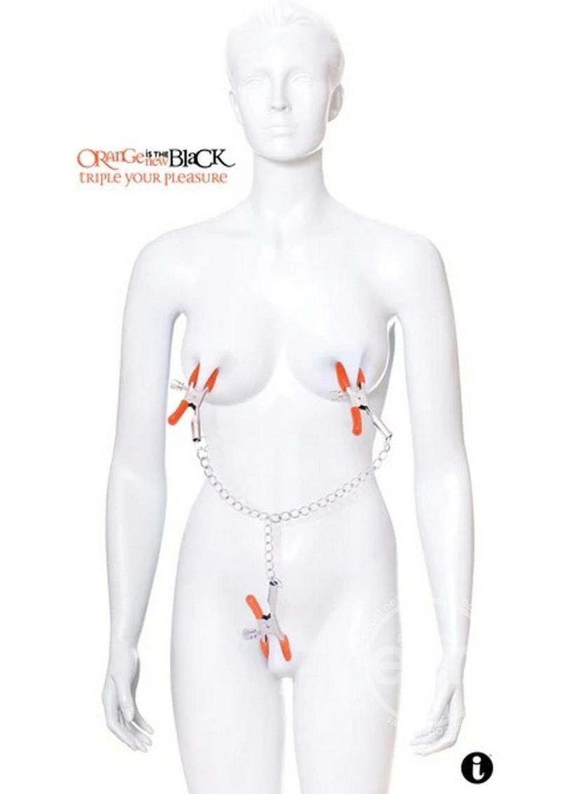 Orange Is The New Black Triple Your Pleasure Nipple and Clitoral Clamps with Chain ICON BRANDS