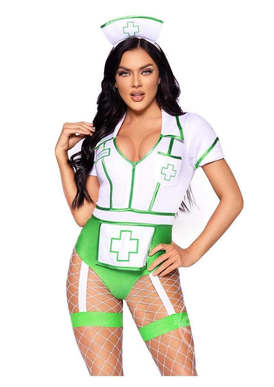 Leg Avenue Nurse Feelgood Snap Crotch Garter Bodysuit with Attached Apron and Hat Headband (2 Piece)