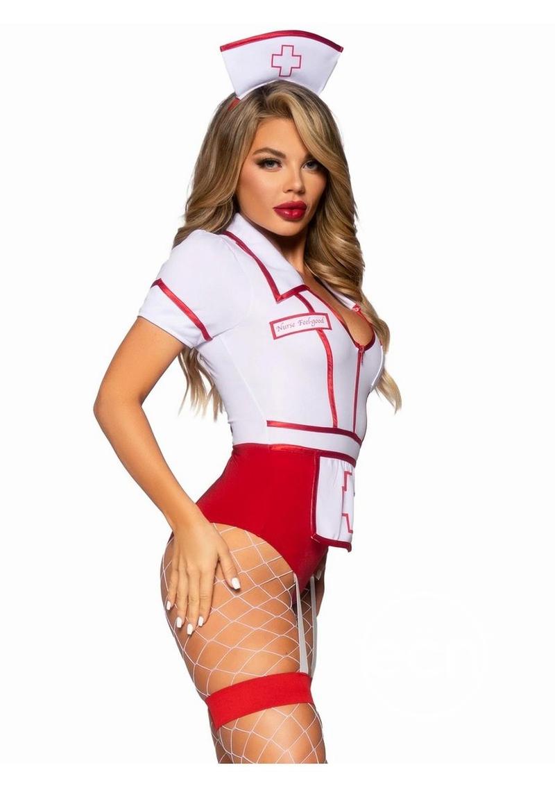 Leg Avenue Nurse Feelgood Snap Crotch Garter Bodysuit with Attached Apron and Hat Headband (2 Piece)