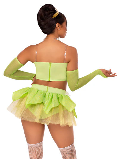 Complete look of the Bayou Babe Costume by Leg Avenue, including the glittering crown and shimmer gauntlet gloves for a magical fairy tale vibe.