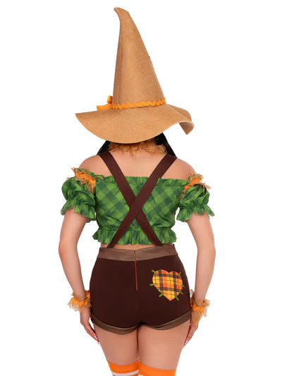 Model pairing the Scarecrow Sweetie Costume with themed accessories as a sexy scarecrow outfit for group Halloween costume ideas.