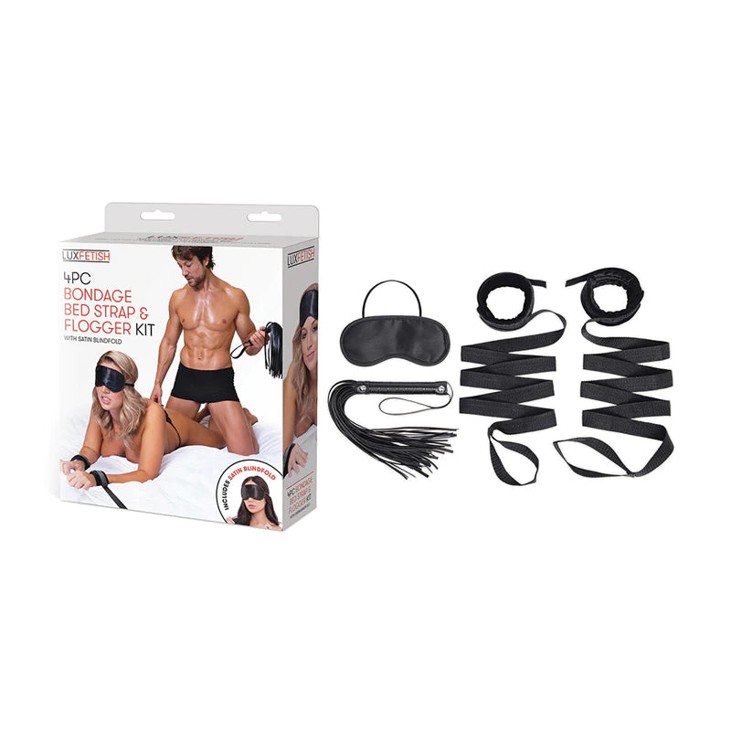 Bondage Bed Strap &amp; Flogger 4pc Kit LUX FETISH