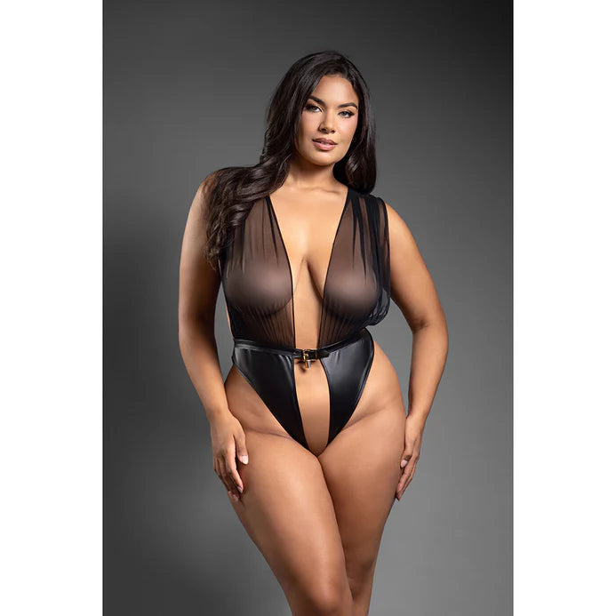 Fantasy Lingerie Domina Mesh Tie-Back Plunge Front Teddy with Buckle Waist and Lock &amp; Key Detail FANTASY LINGERIE