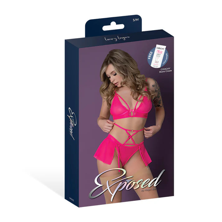 Magic Silk Pink Kink Bralette, High Leg Panty &amp; Garter Skirt Set Pink Glow EXPOSED