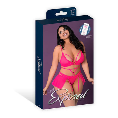 Magic Silk Pink Kink Bralette, High Leg Panty &amp; Garter Skirt Set Pink Glow EXPOSED