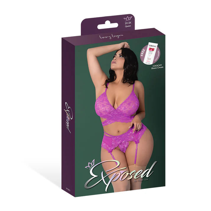 Magic Silk Butterfly Fantasies Bra, Garter &amp; Thong Set Neon Purple EXPOSED