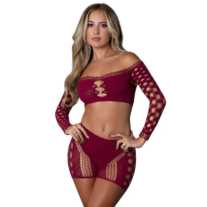 Magic Silk Seamless Crop Top &amp; Short Set Purple O/S EXPOSED