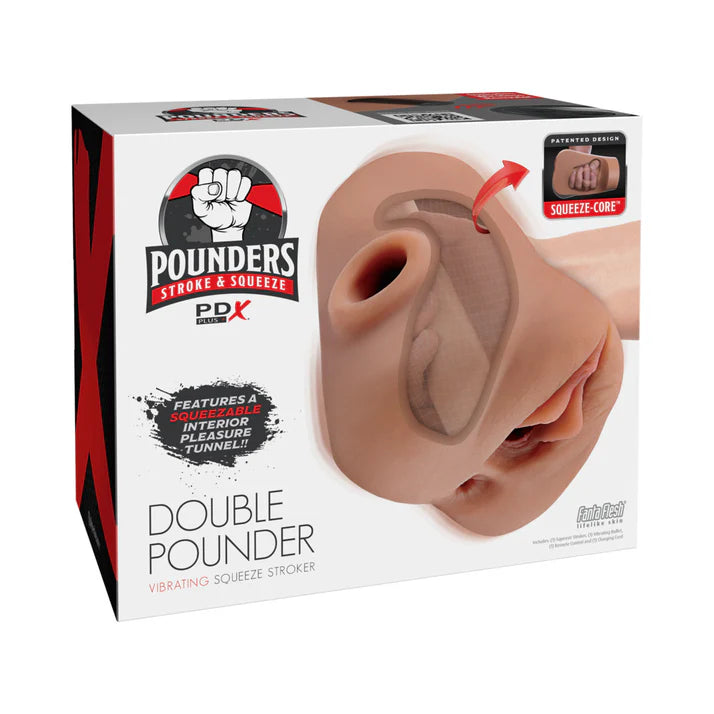 Close-up of the PDX Plus Double Pounder Vibrating Squeeze Stroker demonstrating the patented Squeeze-Core design and interior pleasure tunnel.