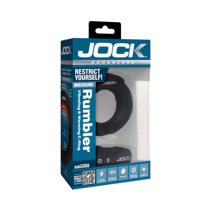 JOCK Rumbler 1.8 in. Vibrating &amp; Warming C-Ring featuring a sleek design and made from body-safe silicone, perfect for enhanced pleasure and intimacy.