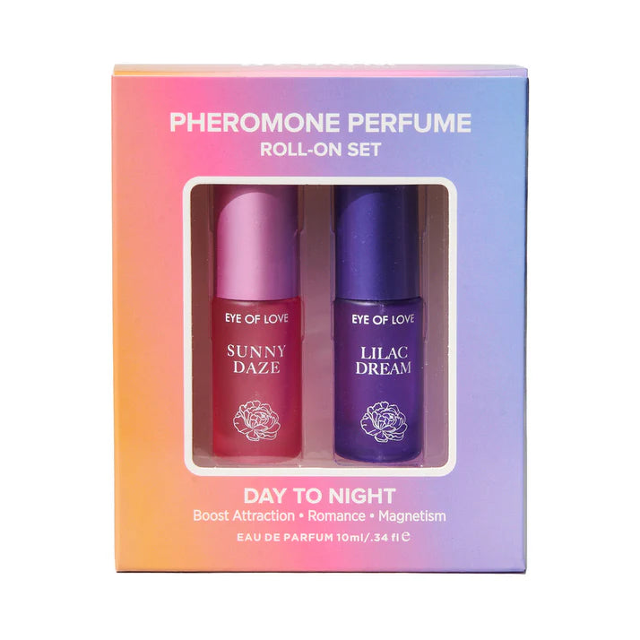 Eye of Love Pheromone Parfum Set featuring 0.34 oz. Roll-On fragrances Sunny Daze and Lilac Dream, designed for attraction with an alcohol-free formula.
