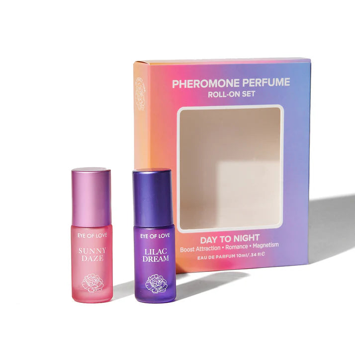 Eye of Love Pheromone Parfum Set showcasing the 0.34 oz. roll-on fragrance Sunny Daze, featuring citrus and floral notes to boost confidence for daytime adventures.