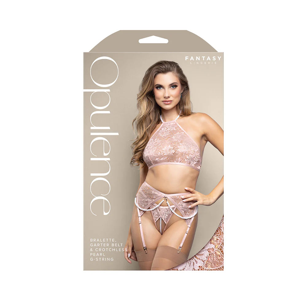 Fantasy Lingerie Opulence Pearl Halter Bralette, Garter Belt &amp; Crotchless Pearl G-String Light Pink