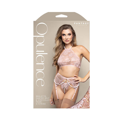 Fantasy Lingerie Opulence Pearl Halter Bralette, Garter Belt &amp; Crotchless Pearl G-String Light Pink