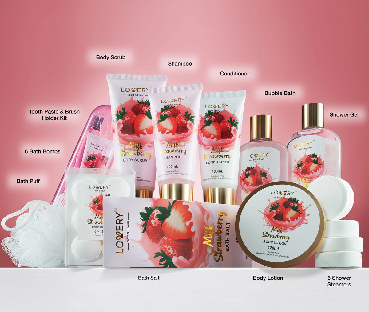 Home Spa Kit Gift Set – Strawberry Milk Bath Set, 25 Pieces