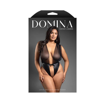 Fantasy Lingerie Domina Mesh Tie-Back Plunge Front Teddy with Buckle Waist and Lock &amp; Key Detail FANTASY LINGERIE
