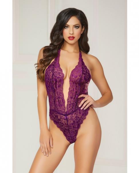 Floral Lace Teddy Halter Ties &amp; Snap Crotch SP