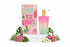 Pink and green gradient perfume bottle with matching packaging featuring floral designs.