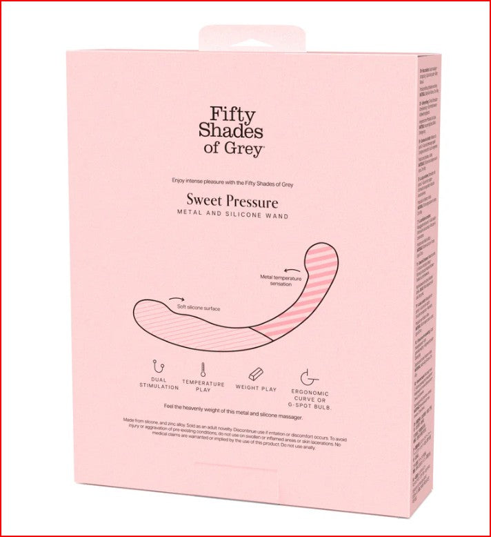 Fifty Shades of Grey Sweet Pressure Silicone &amp; Metal Wand displayed with stylish Fifty Shades storage bag, perfect for exciting intimate adventures.