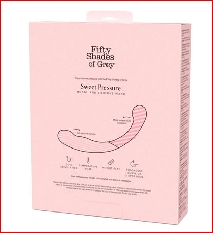 Fifty Shades of Grey Sweet Pressure Silicone &amp; Metal Wand displayed with stylish Fifty Shades storage bag, perfect for exciting intimate adventures.