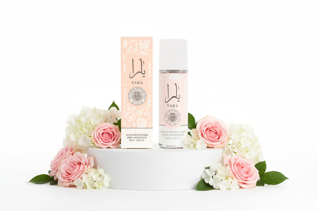Yara perfume bottle and packaging on a white background