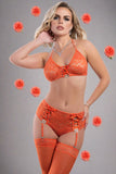 3pc Lace Up Bra, High Waist Panty & Stockings