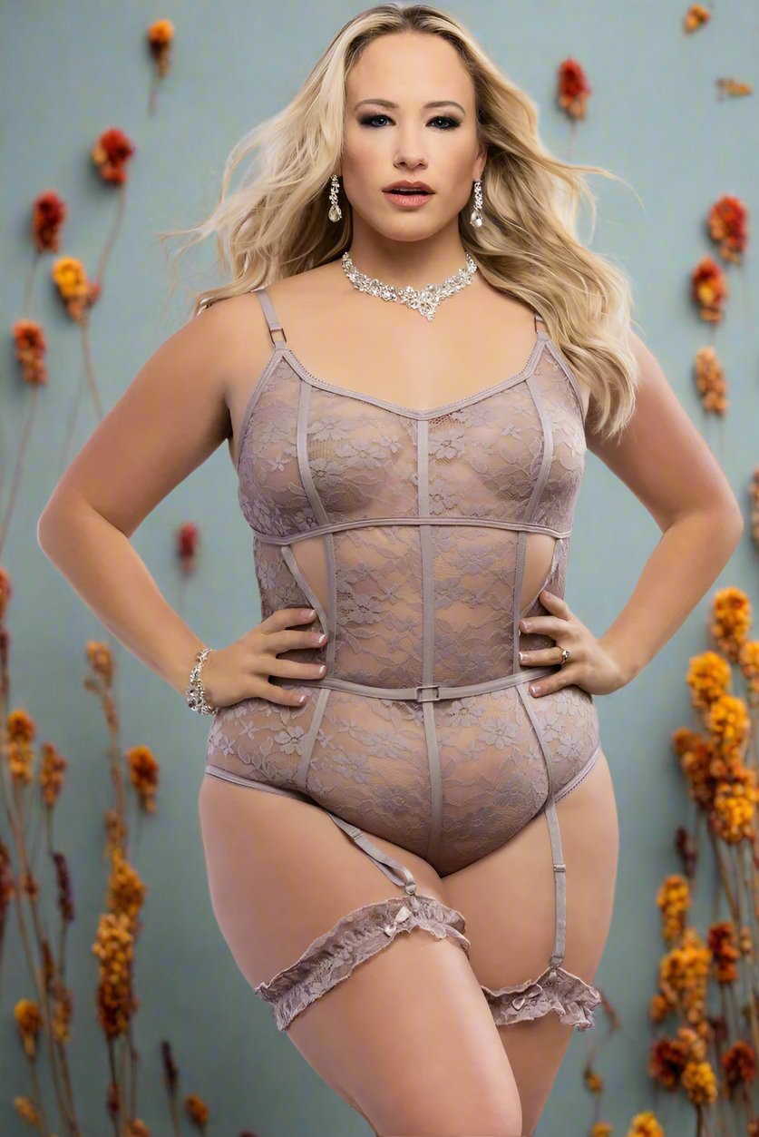 GW-2pc Slip-In Sheer Teddy W/ Snap Crotch &amp; Garters G-WORLD