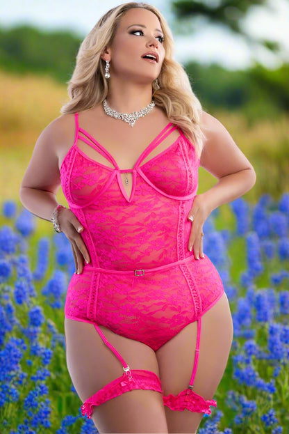 GW-2pc Sheer Lace Teddy With Snap Crotch &amp; Garters G-WORLD