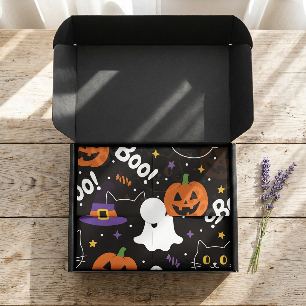 Open black SP Boutique gift box with black Halloween BOO tissue paper with ghost and pumpkins, folded and sealed with a round white sticker