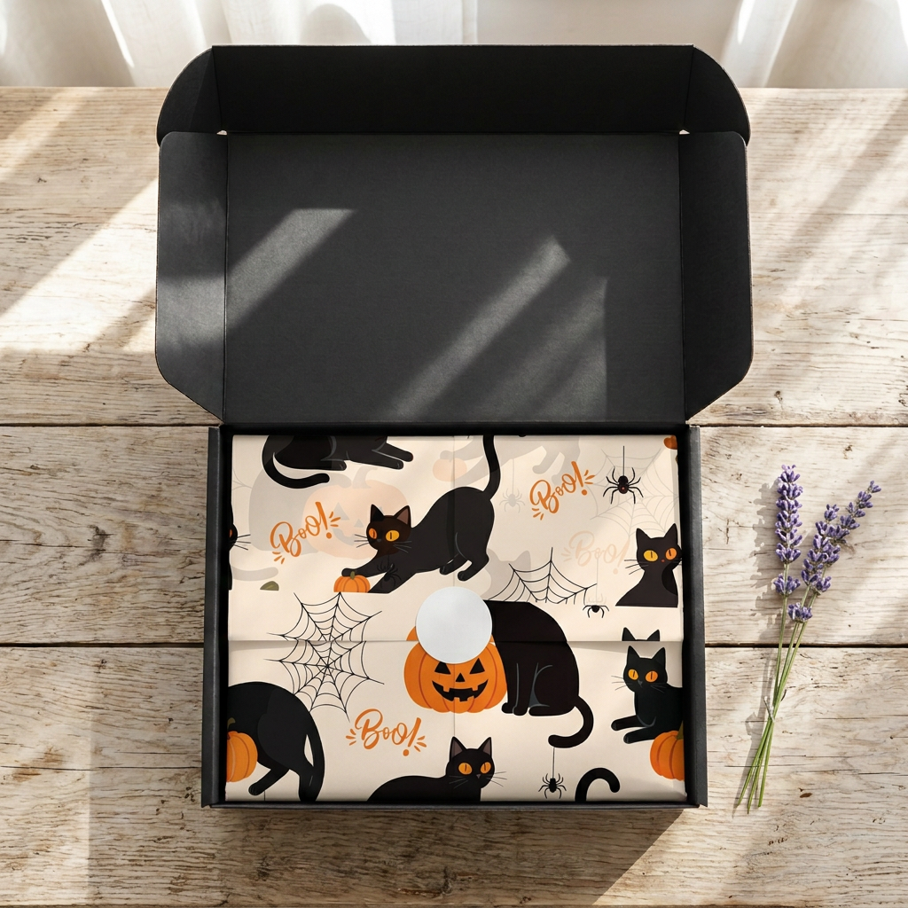 Open black SP Boutique gift box with cream Halloween tissue paper printed with black cats and pumpkins, folded and sealed with a round white sticker