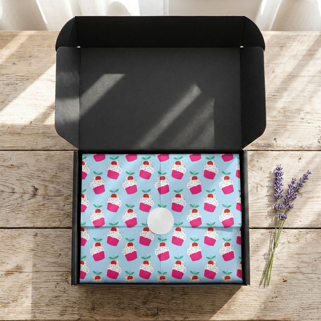 Open black SP Boutique gift box with light blue birthday tissue paper printed with pink cupcakes and balloons, folded and sealed with a round white sticker