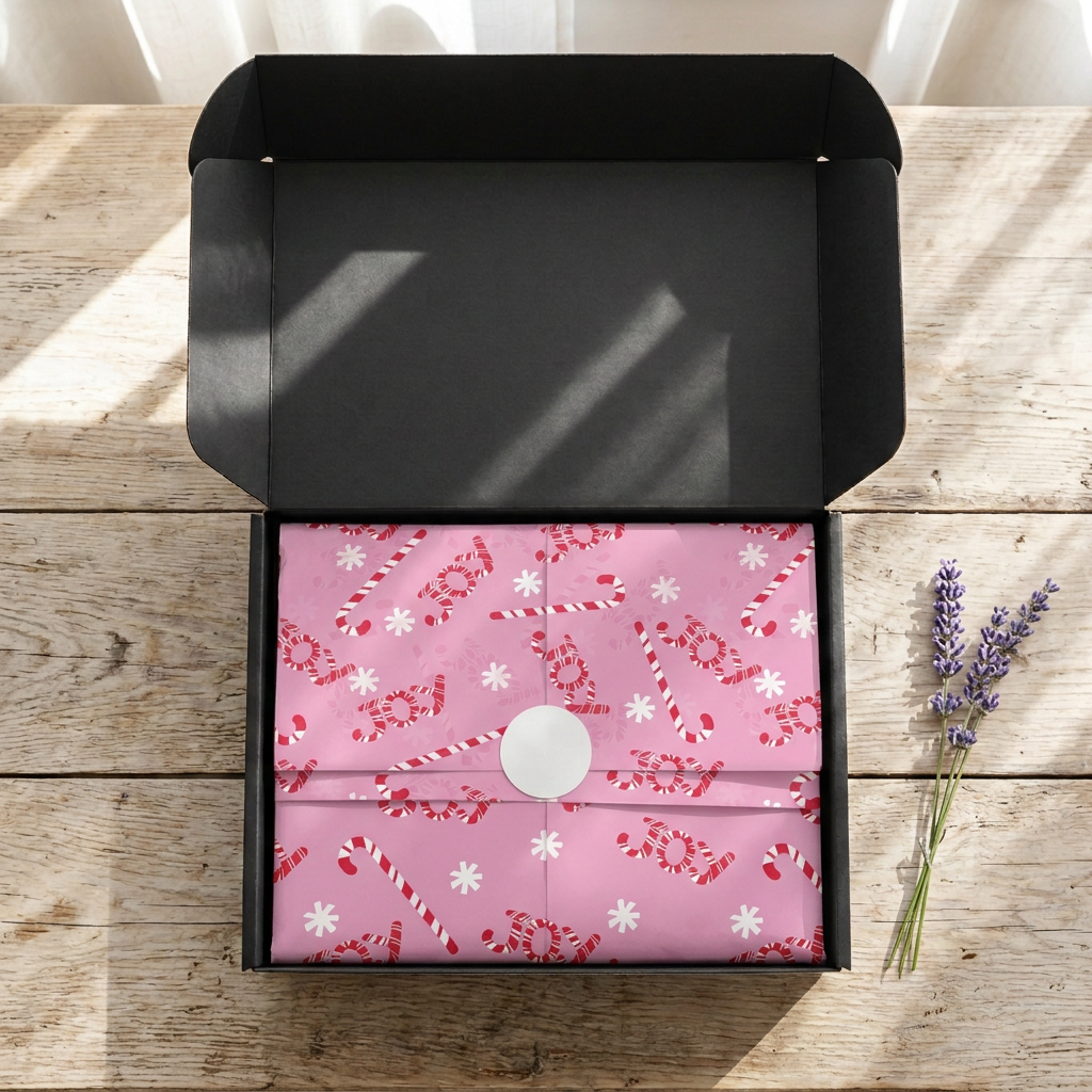 Open black SP Boutique gift box with pink Christmas candy cane tissue paper, folded and sealed with a round white sticker