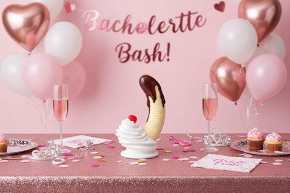 Ice cream sculpture with vanilla wafers, whipped cream, and a cherry on a white background