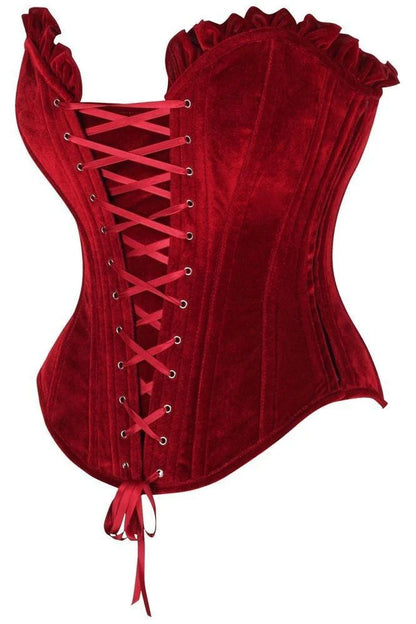 Top Drawer Dark Red Velvet Lace-Up Steel Boned Overbust Corset featuring the intricate ribbon lace-up back and spiral steel boning for support and style.