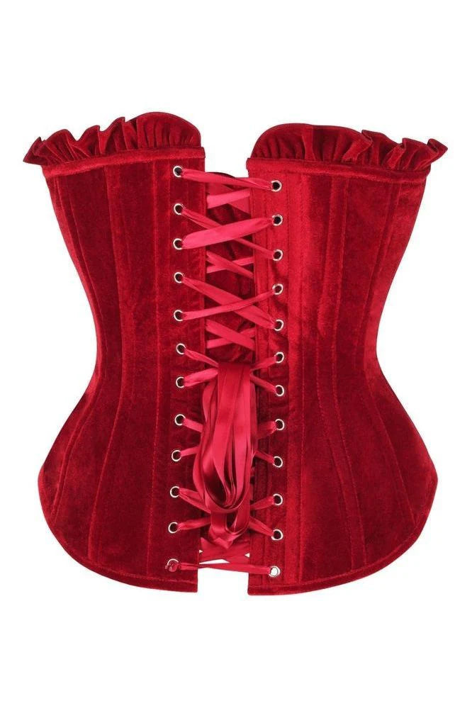 Close-up of the Top Drawer Dark Red Velvet Lace-Up Steel Boned Overbust Corset highlighting its hidden side zipper and modesty panel.