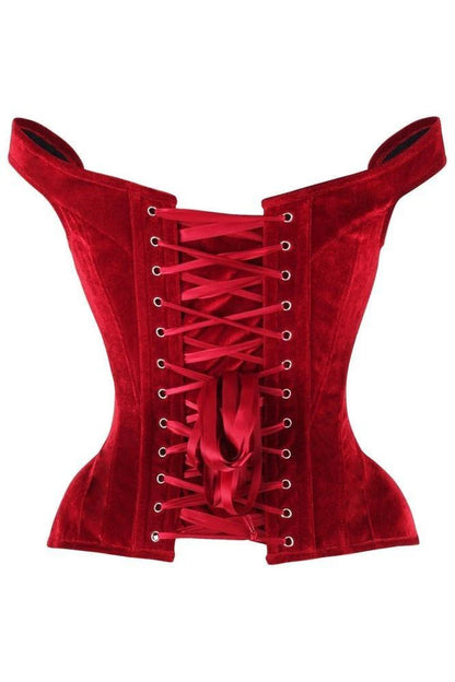 Top Drawer Dark Red Velvet Steel Boned Corset w/Straps by DAISY CORSETS, featuring a chic sweetheart neckline and adjustable straps for a comfortable fit, crafted from luxurious velvet fabric.