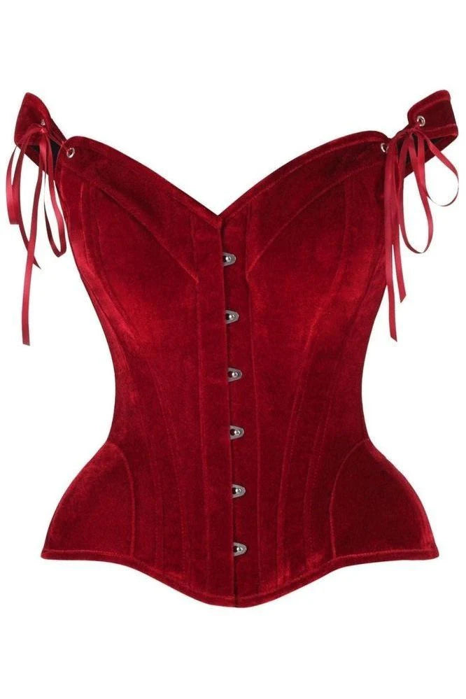 Top Drawer Dark Red Velvet Steel Boned Corset w/Straps showcasing its luxurious premium velvet fabric and sweetheart neckline, designed for an elegant hourglass silhouette.