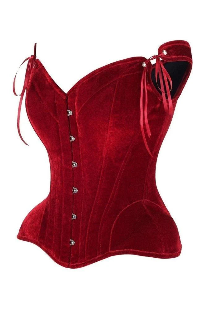 Close-up view of the Top Drawer Dark Red Velvet Steel Boned Corset w/Straps featuring adjustable straps and intricate ribbon lace-up back for a customized fit and stunning style.