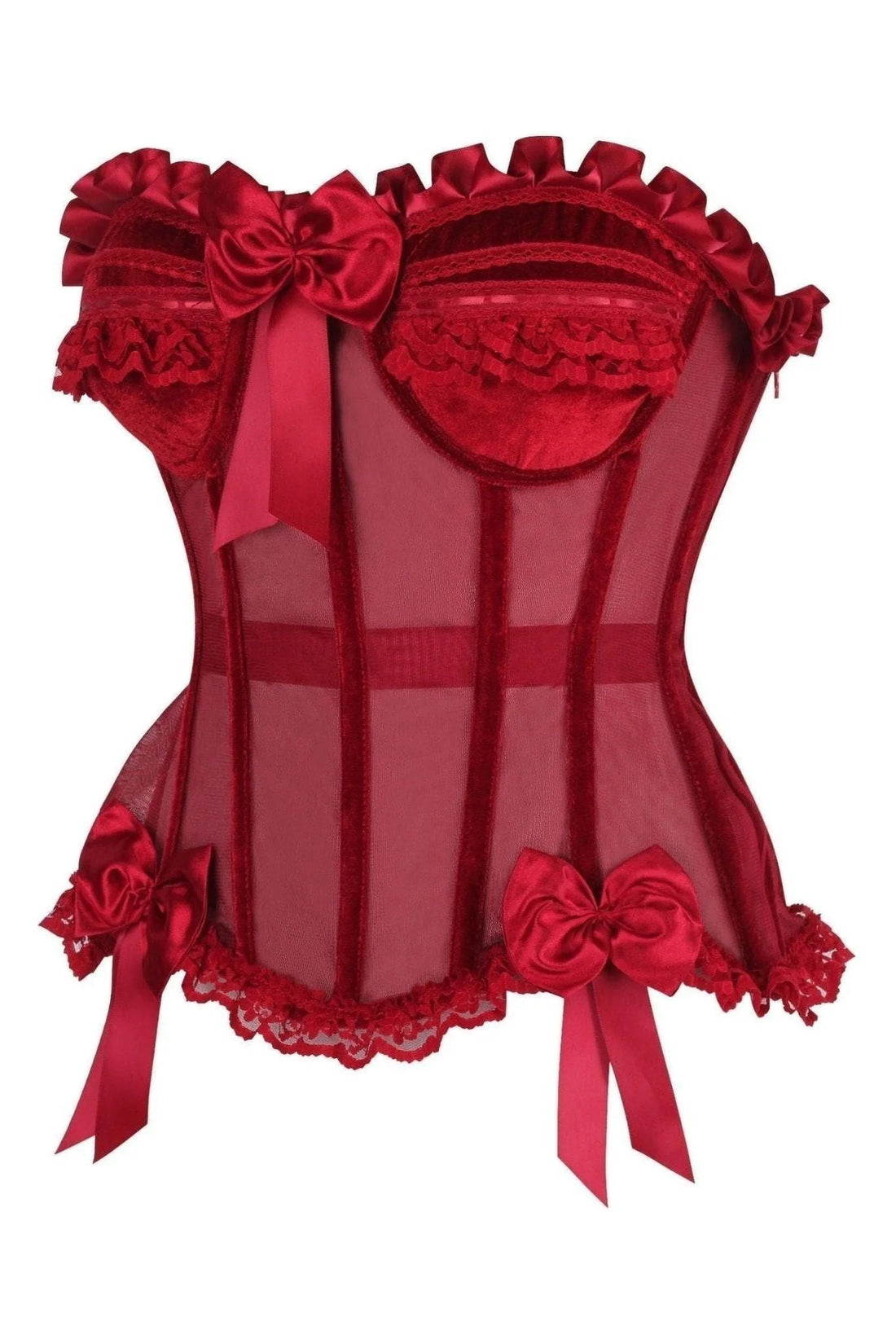 Detailed view of Top Drawer Steel Boned Dark Red Mesh &amp; Velvet Underwire Bustier Corset highlighting the supportive underwire padded cups and ruffle trim.