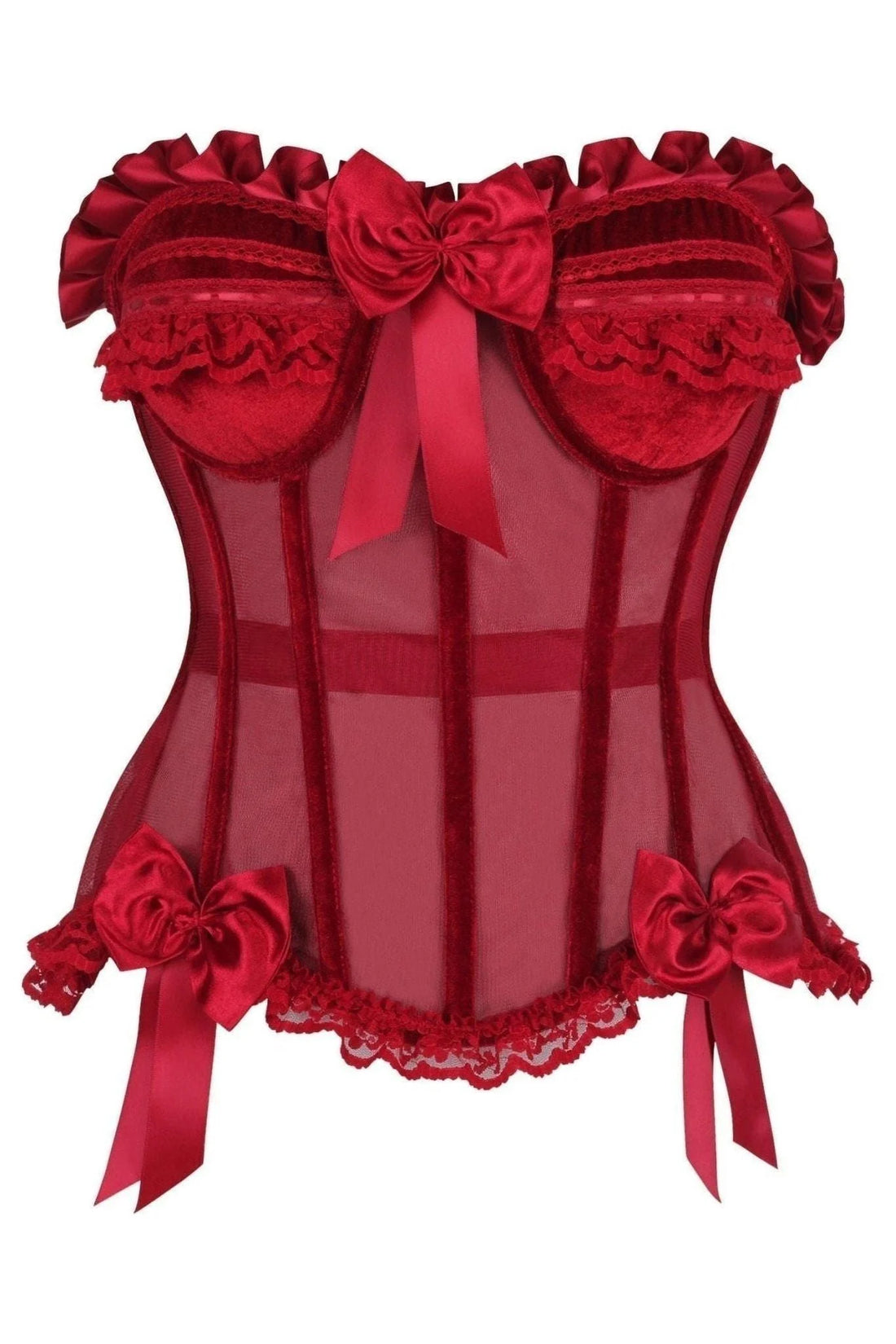 Top Drawer Steel Boned Dark Red Mesh &amp; Velvet Underwire Bustier Corset showcasing its elegant design and luxurious materials.