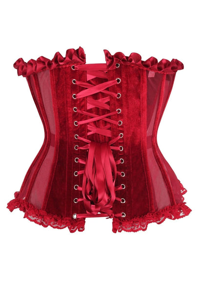 Back view of Top Drawer Steel Boned Dark Red Mesh &amp; Velvet Underwire Bustier Corset featuring adjustable lace-up detail for a customizable fit.
