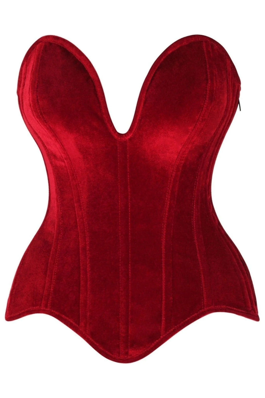 Top Drawer Steel Boned Dark Red Velvet Plunge Neckline Overbust Corset showcasing the luxurious velvet fabric and elegant design.