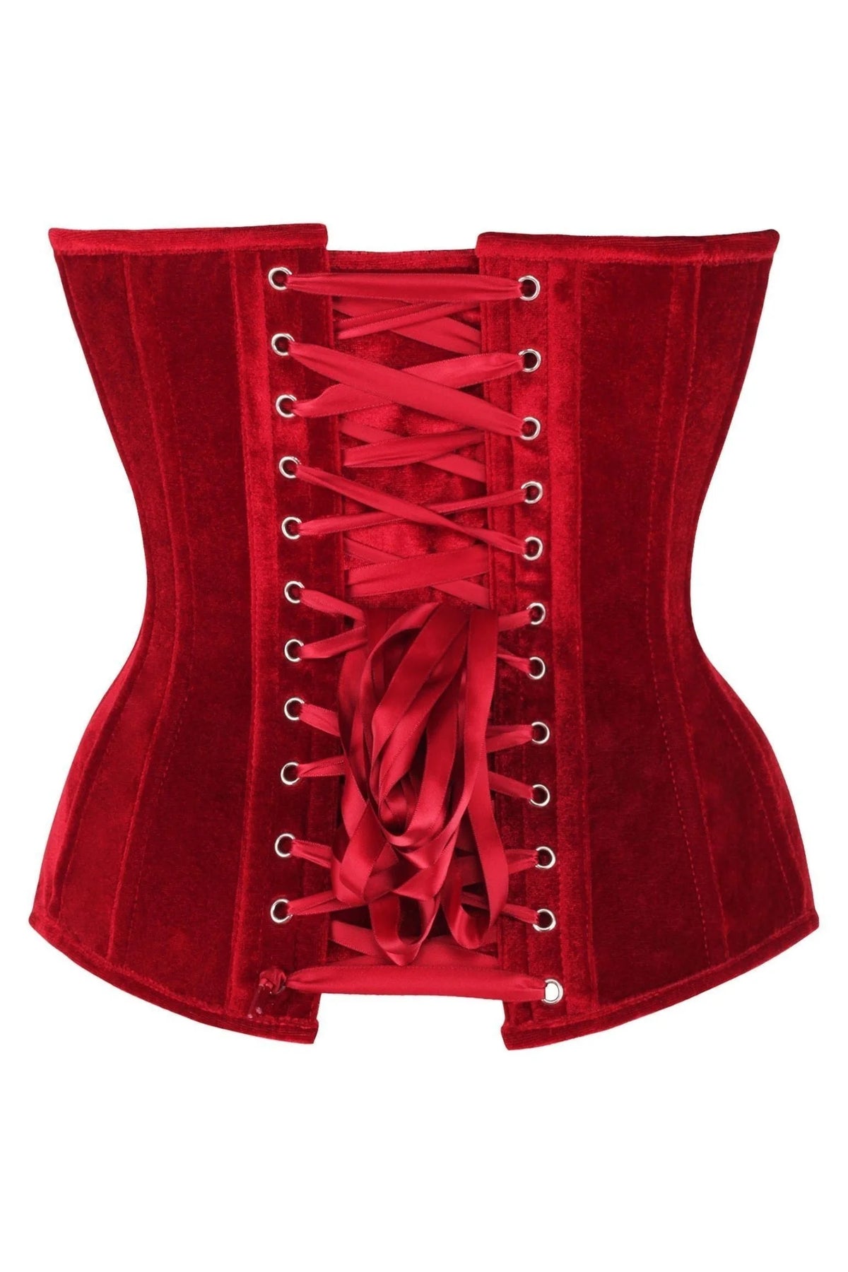 Close-up view of the Top Drawer Steel Boned Dark Red Velvet Plunge Neckline Overbust Corset highlighting the deep plunge neckline and spiral steel boning.