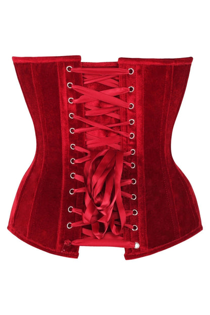 Close-up view of the Top Drawer Steel Boned Dark Red Velvet Plunge Neckline Overbust Corset highlighting the deep plunge neckline and spiral steel boning.